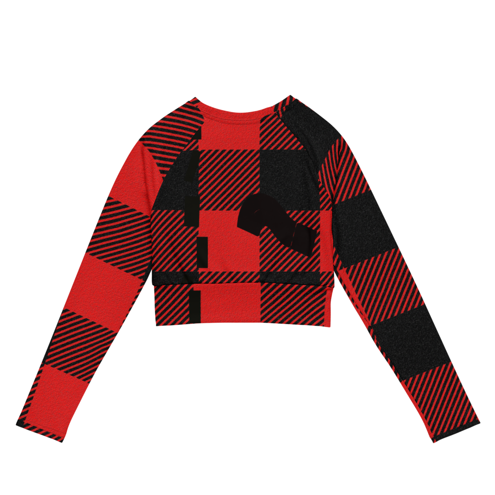 Question mark logo on back of red, black, squared and striped women's shirt