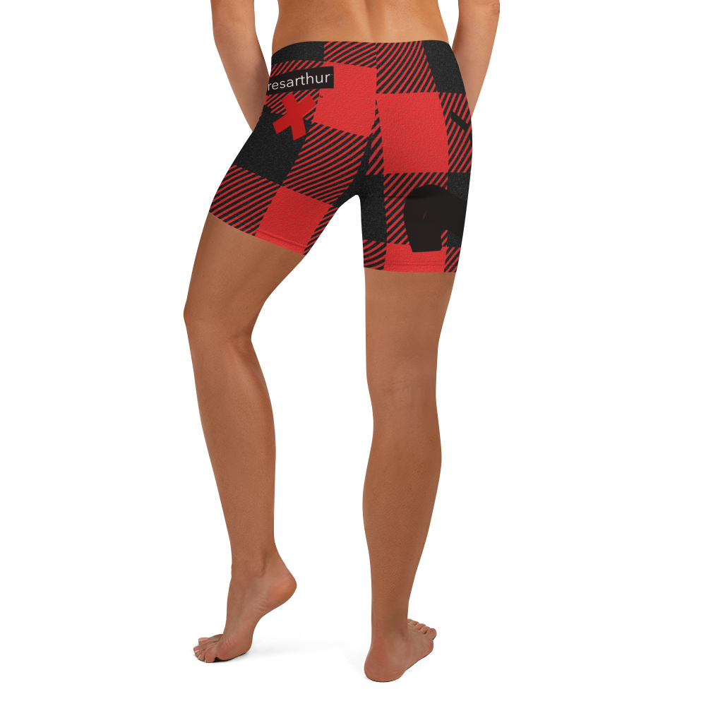 Wherearthur logo on the back of lumber jack woman's shorts.