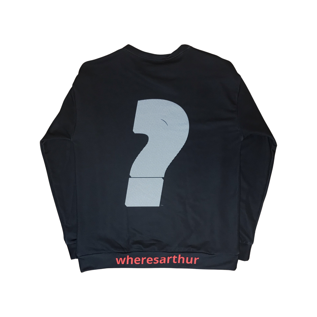 Question mark and wheresathur logo on sweatshirt