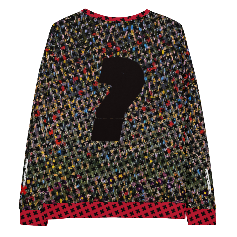 Question mark logo on the back of a wheresarthur sweatshirt and an x marks the spot logo on both sleeves. Arthur Wright made