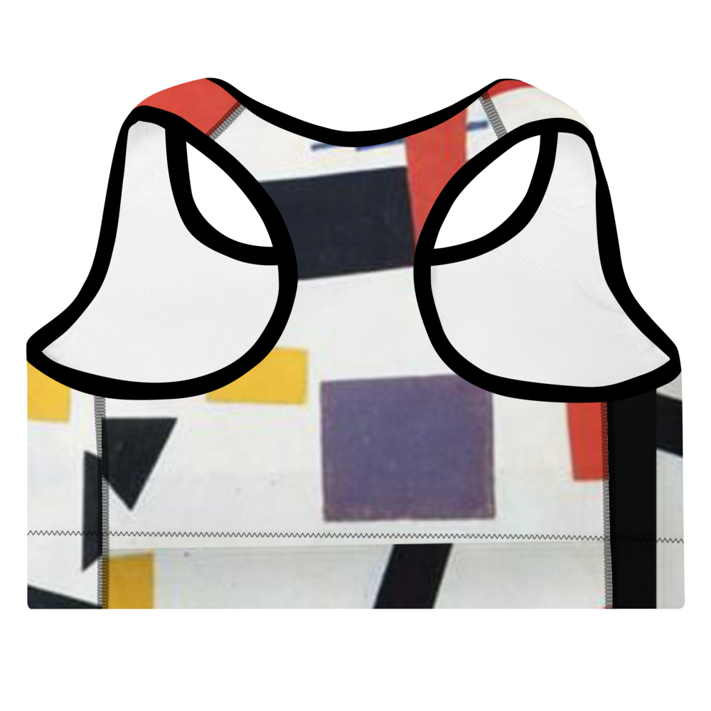 red yellow purple black and white sports bra