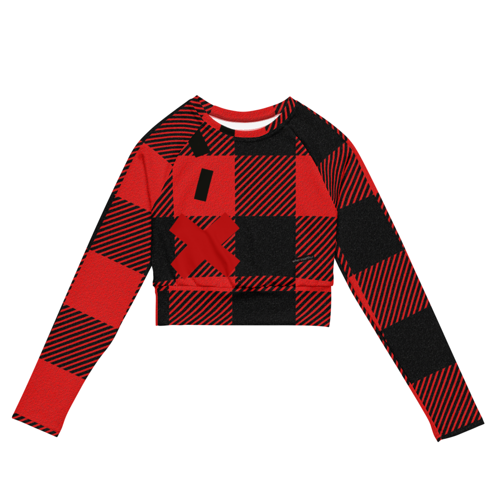 Big X  marks the spot logo in front of Red and black lumber jack Burberry styled long sleeved crop top.  