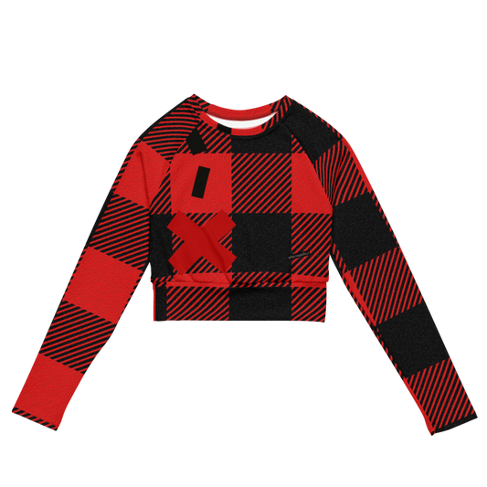 Big X  marks the spot logo in front of Red and black lumber jack Burberry styled long sleeved crop top.  