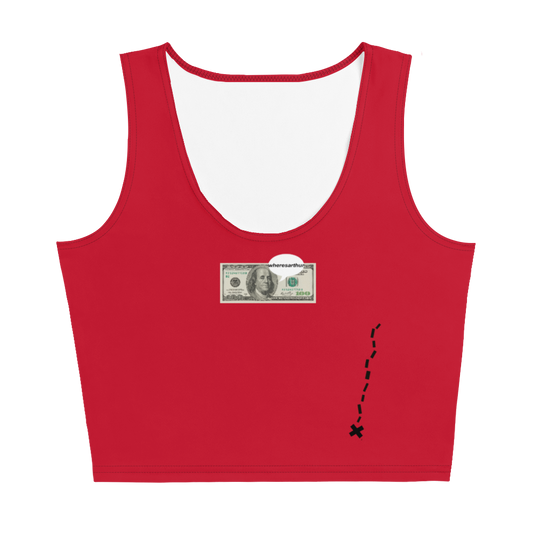 Women's red crop tank top with "money" photoed  on the chest, asking for "wheresarthur".