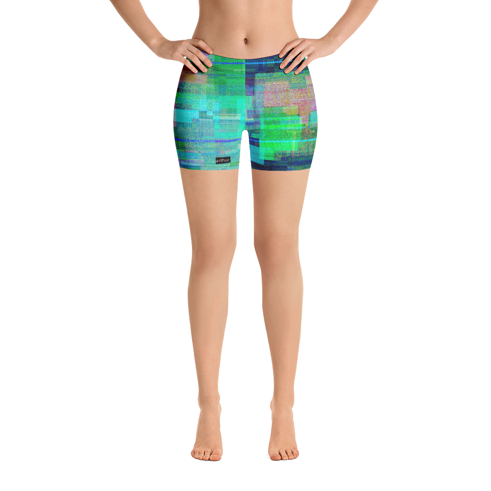 Digital multicolored shorts with "arthur" written on the right leg for women.