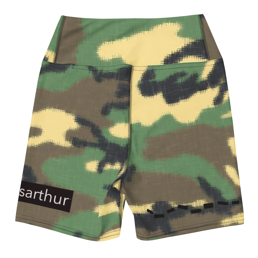 Wheres Arthur printed across camouflaged gym shorts for women.