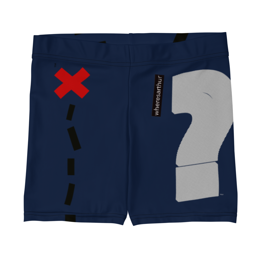 Navy blue shorts with "wheresarthur x mark the spot" logo on one side and white striped question mark logo on the other.