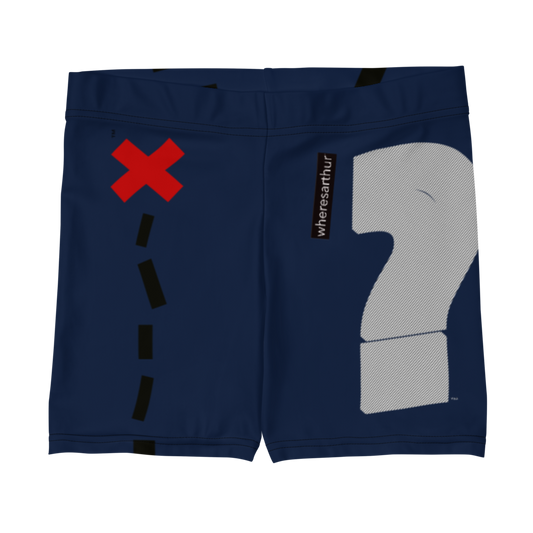 Navy blue shorts with "wheresarthur x mark the spot" logo on one side and white striped question mark logo on the other.