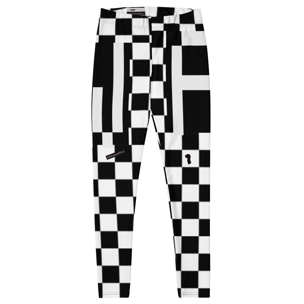 Black and white checkered women's leggings with hidden "W" on the right hip and "A" on the left hip.