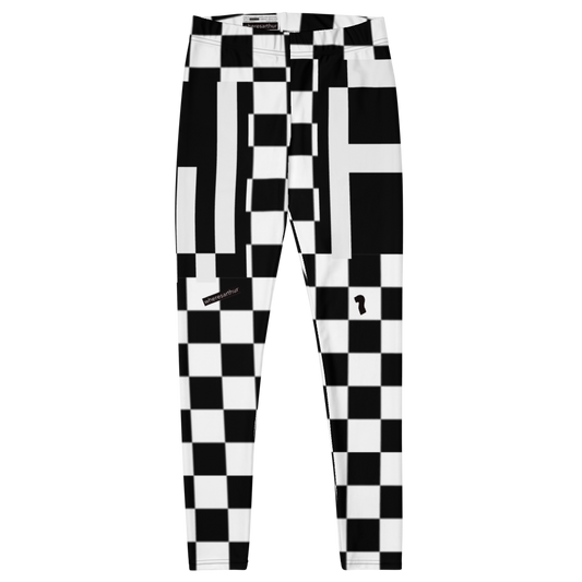 Black and white checkered women's leggings with hidden "W" on the right hip and "A" on the left hip.