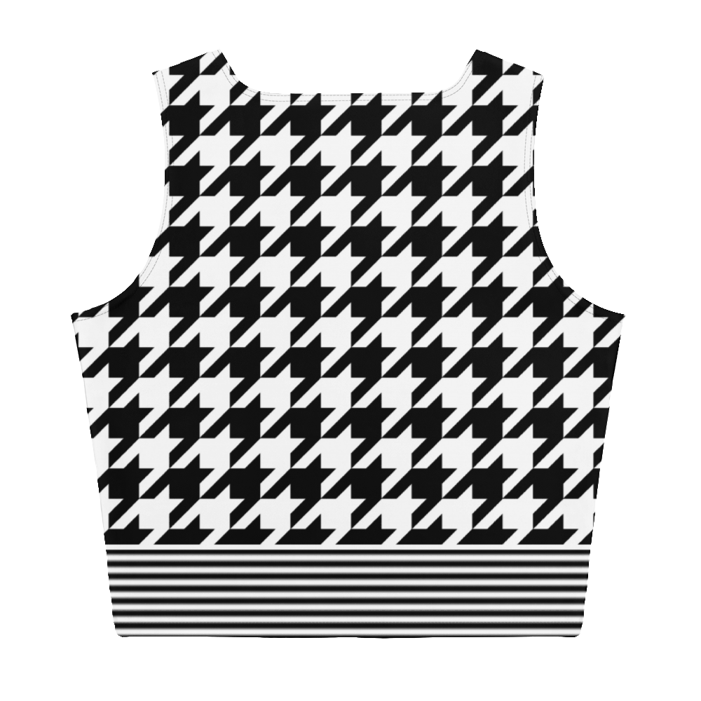 Houndstooth design with black and white stripes on women's tank top crop top.