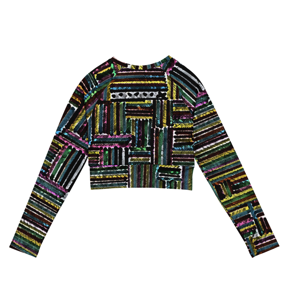 Women's crop top with green, violet, black, etc. line patterns.