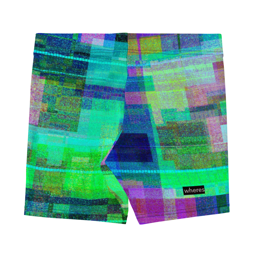 Digital multicolored shorts with "wheres" written on the right leg for women.