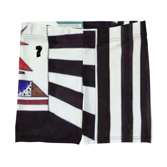 Black and white striped shorts.