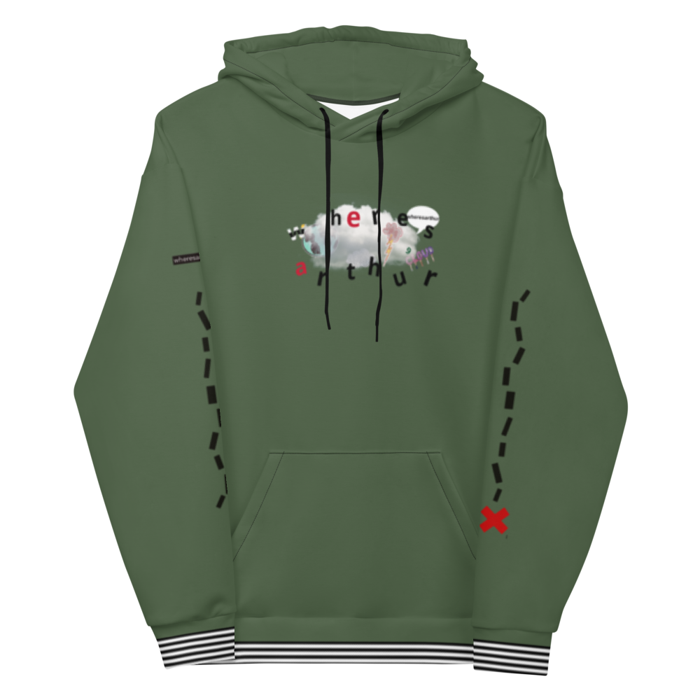 Mud green hoodie. Wheres arthur written in clouds. X mark the spot logo on sleeves