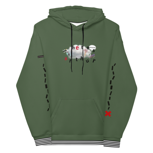 Mud green hoodie. Wheres arthur written in clouds. X mark the spot logo on sleeves