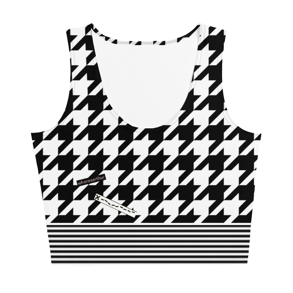 Houndstooth design with black and white stripes on women's tank top crop top.