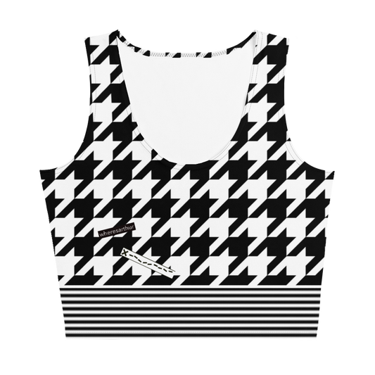 Houndstooth design with black and white stripes on women's tank top crop top.