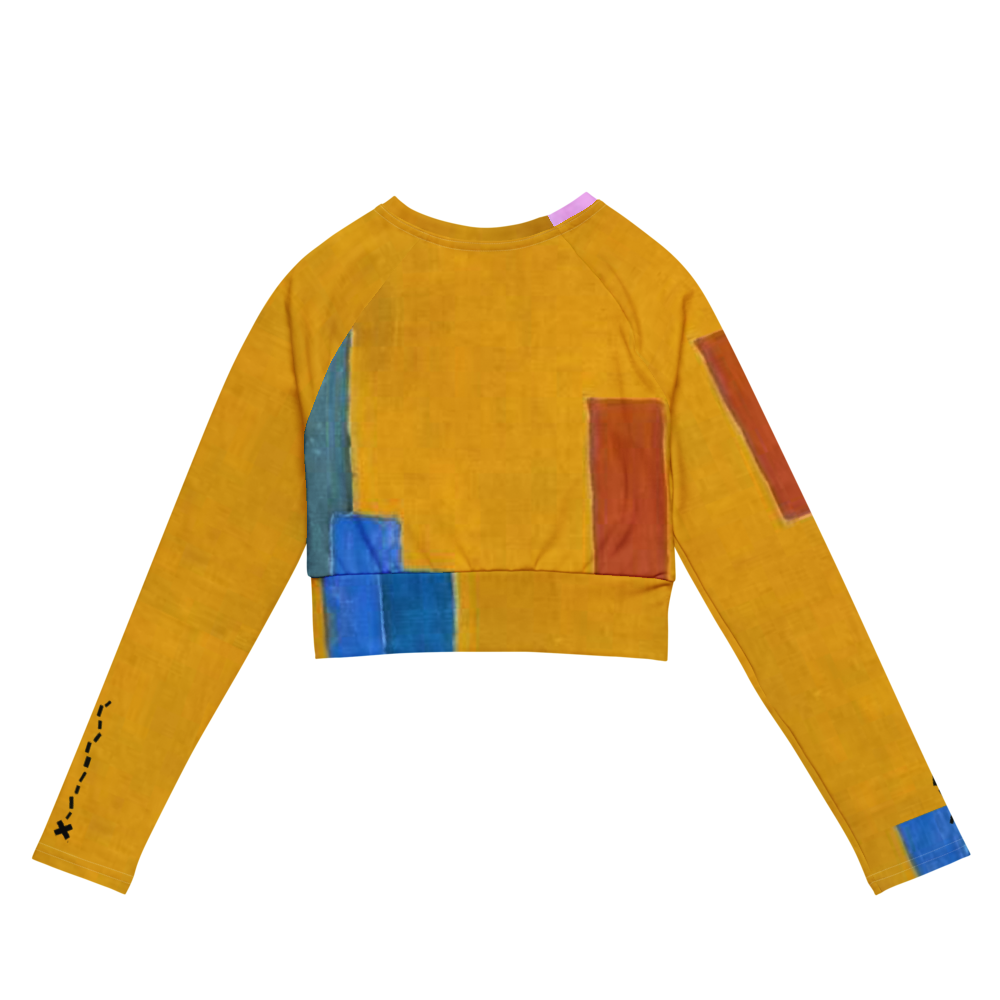 Long-sleeved yellow crop top with red and blue rectangles.