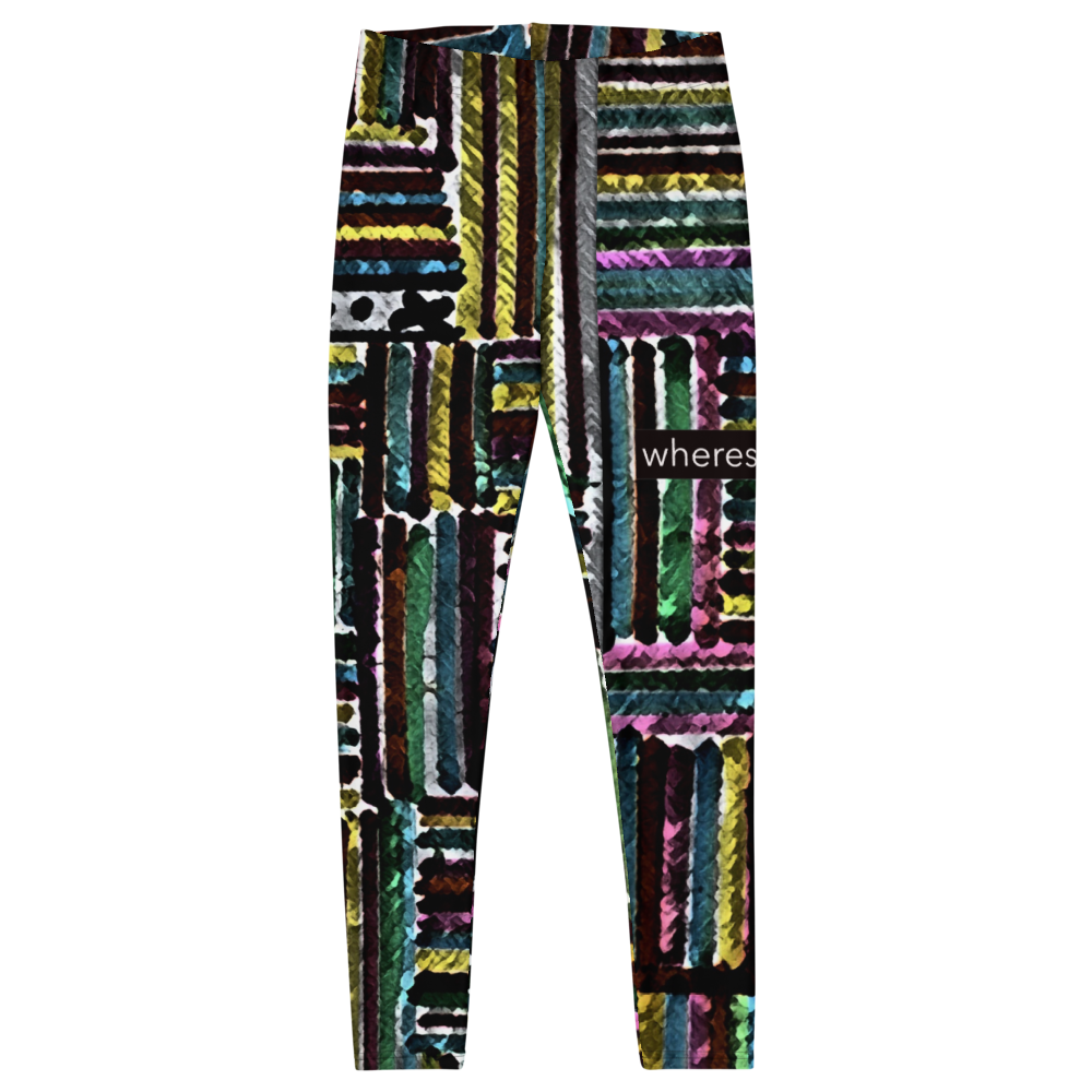 Violet multicolored marker-striped leggings.