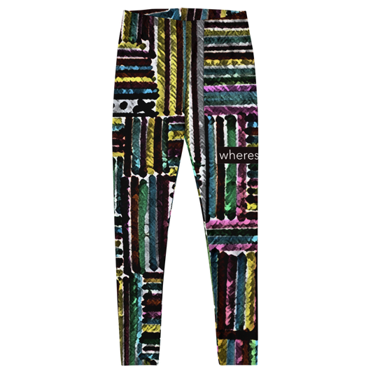 Violet multicolored marker-striped leggings.