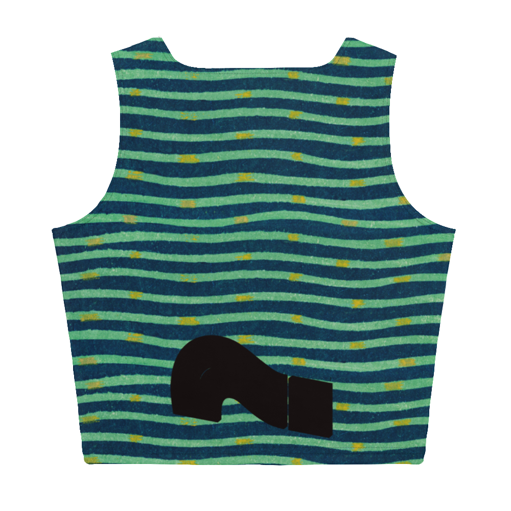 Blue and aqua-green wavy striped design and "wheresarthur" question mark logo on the back of the crop top.