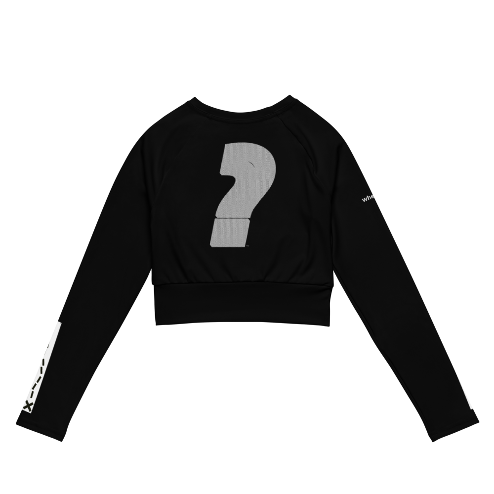 White question mark logo on the back of long sleeve crop top