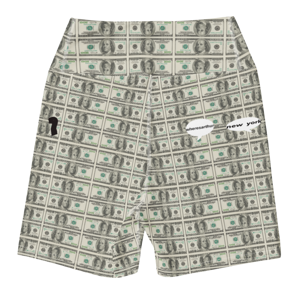 Multiple $100 bills printed on wheresarthur yoga shorts.