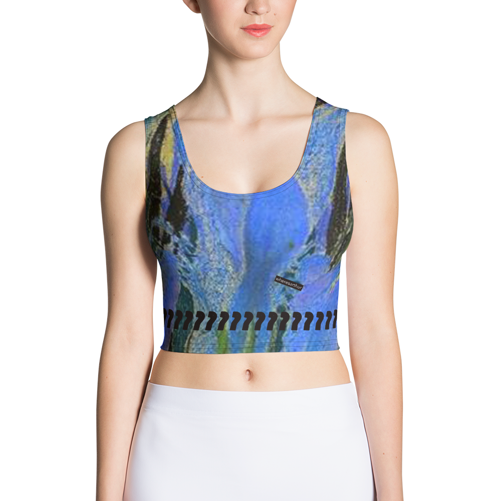 Wavy colored gym crop top with question marks printed across the belly