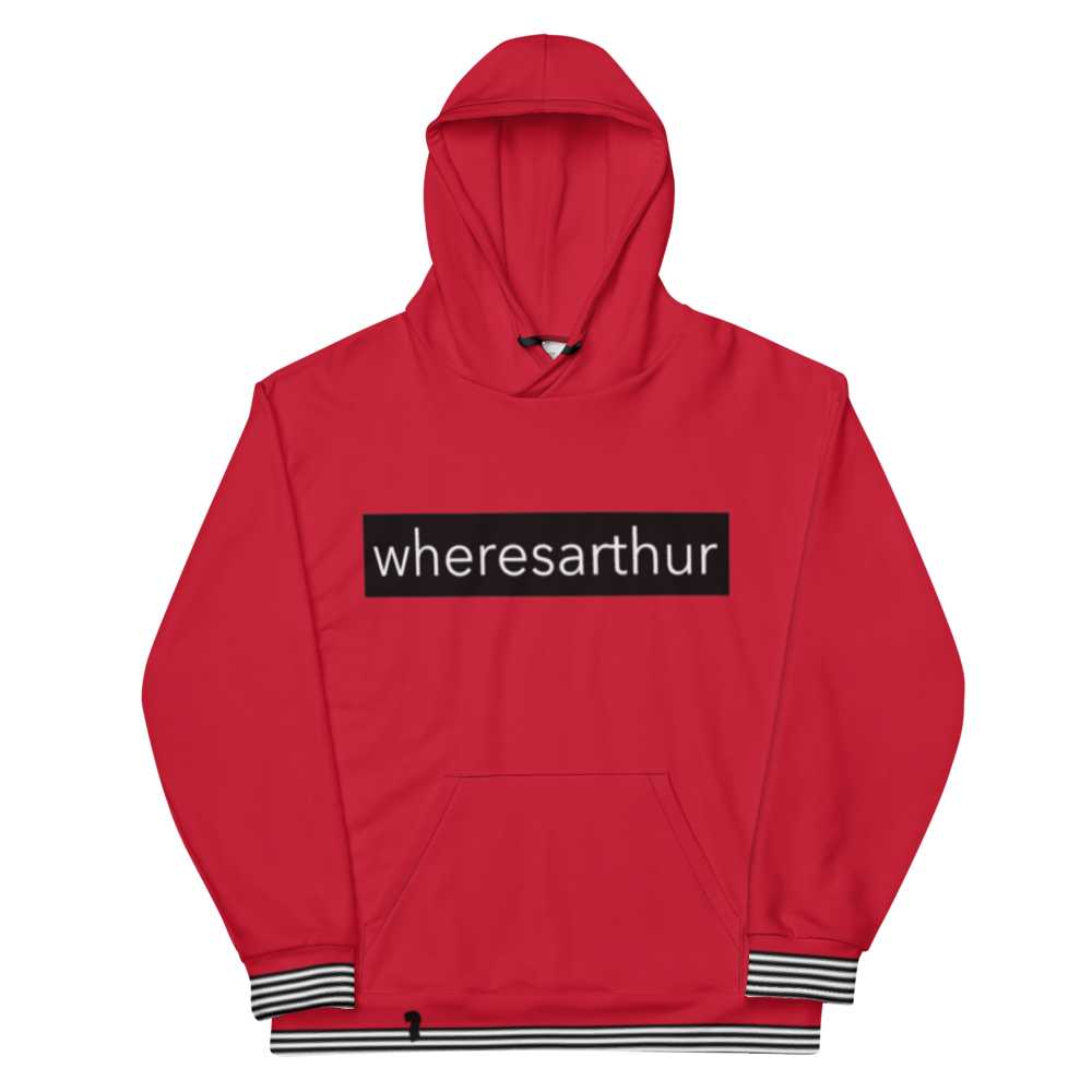 Front of red  gap styled hoodie showcasing  wheresarthur box logo