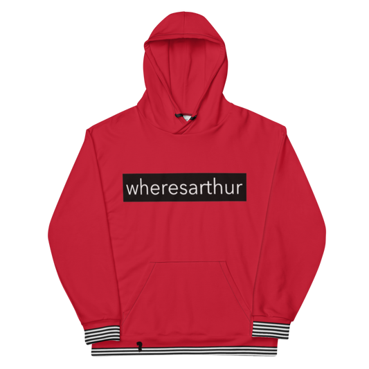 Front of red  gap styled hoodie showcasing  wheresarthur box logo