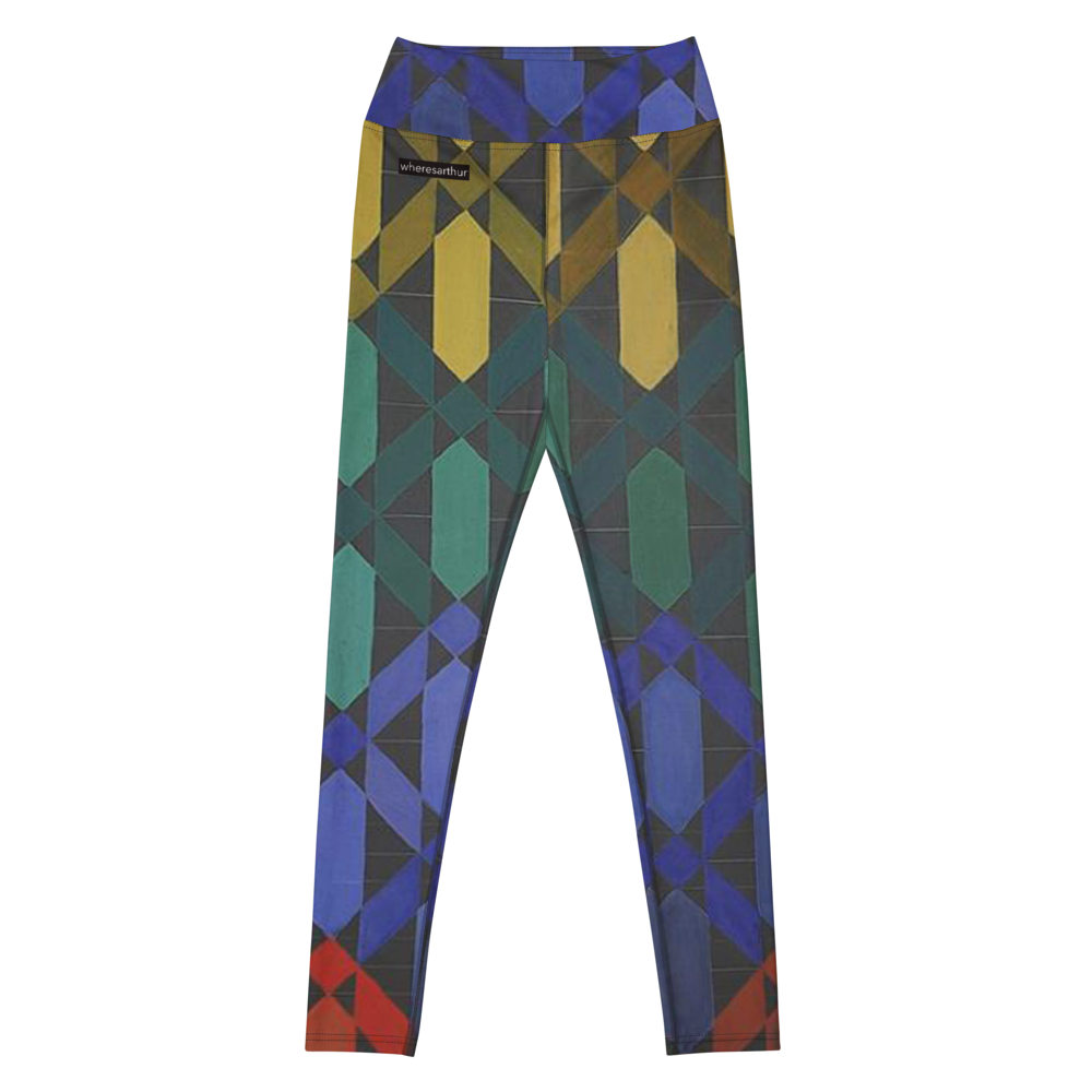 Red, yellow, and green arrow-designed leggings for women.