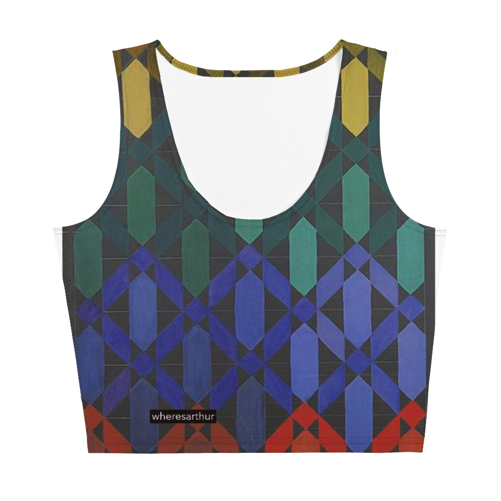 Yellow, blue, red, and green sleeveless crop top.