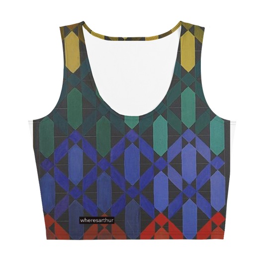 Yellow, blue, red, and green sleeveless crop top.