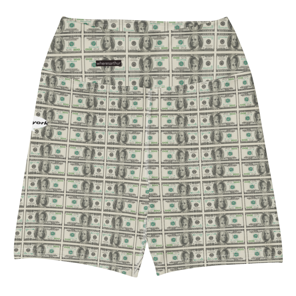 Multiple $100 bills printed on yoga shorts.