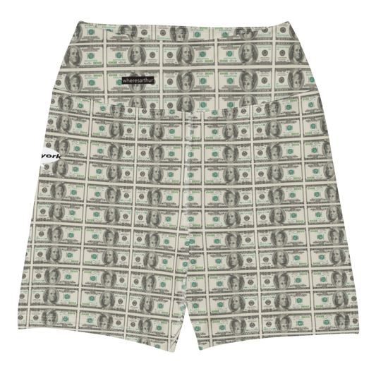 Multiple $100 bills printed on yoga shorts.