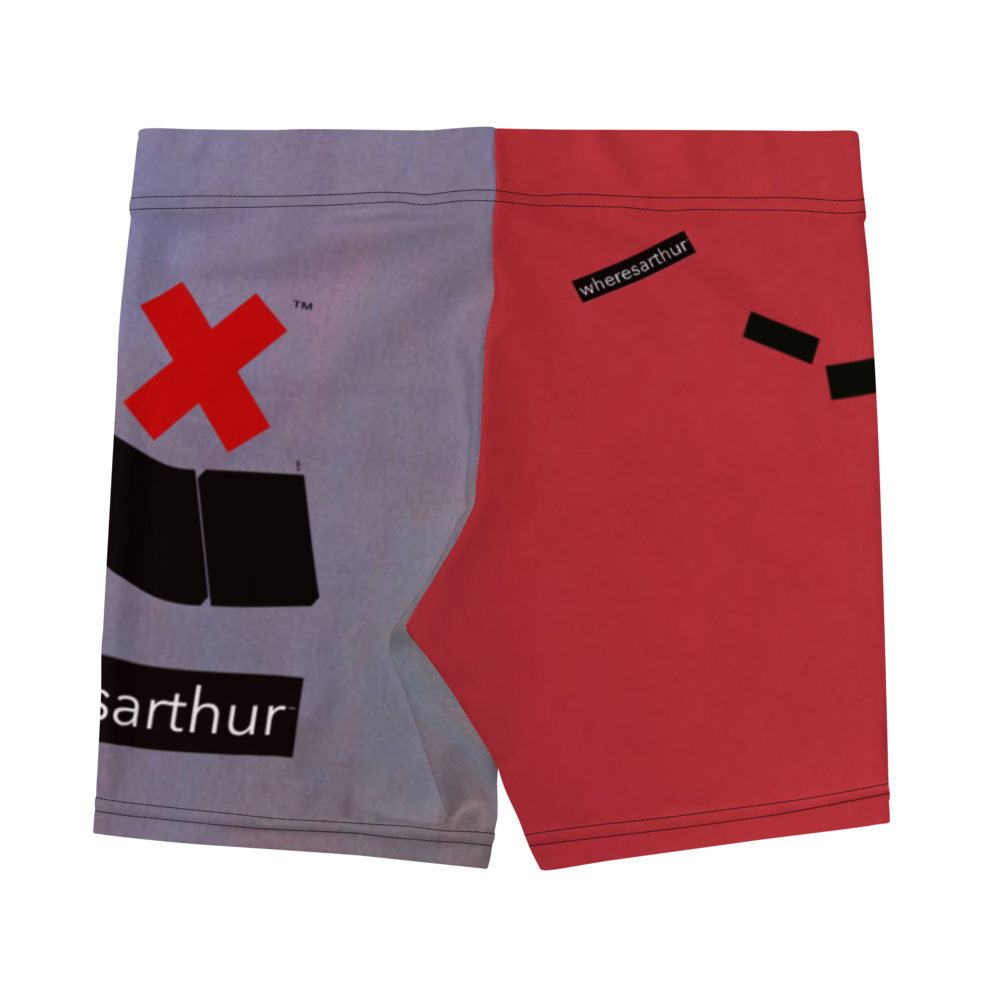 Women's red and purple short showcasing a " wheresarthur " question mark and "X marks the spot" logo on the side of it.