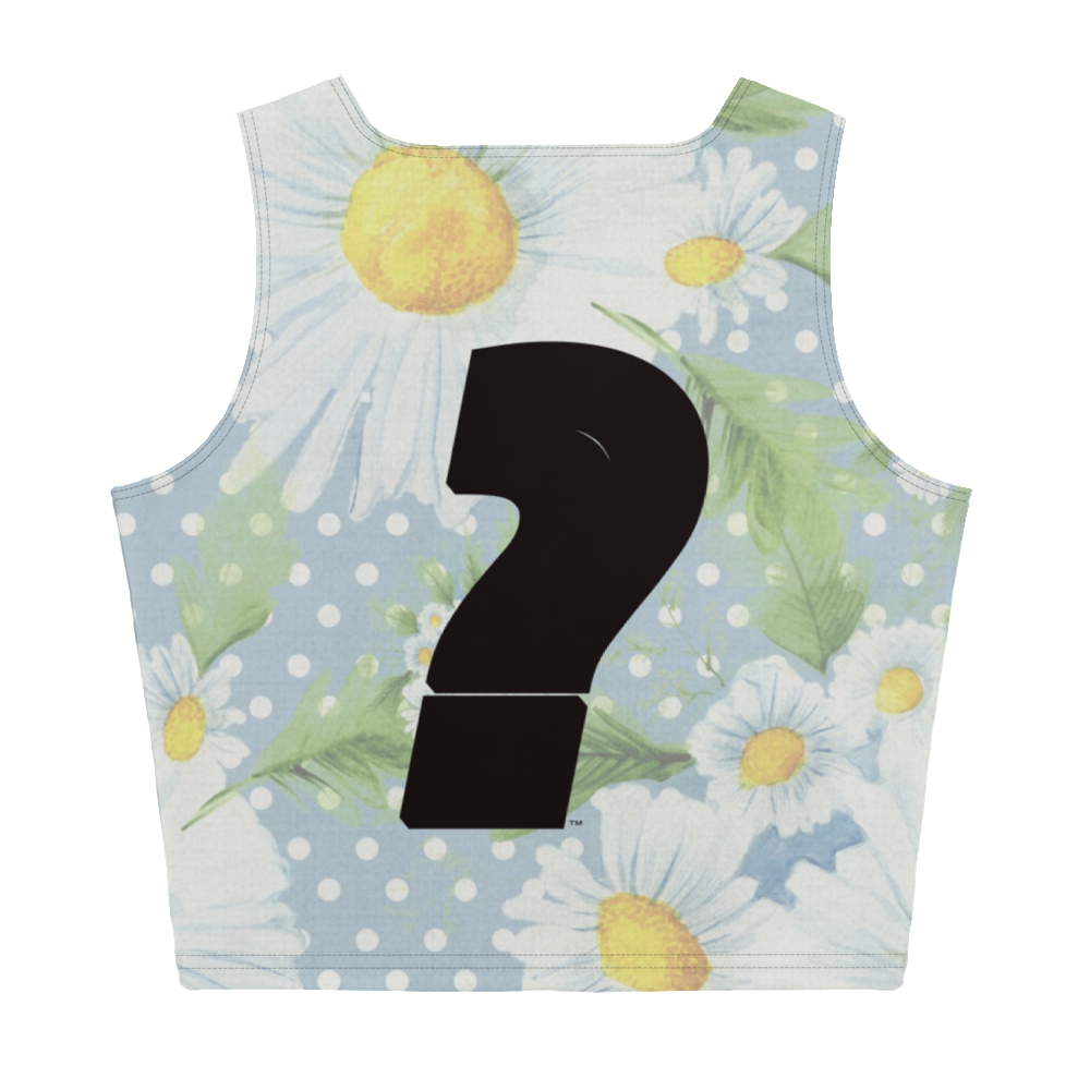 Flower designs and a black " wheresarthur " logo on the back of a women's crop top.