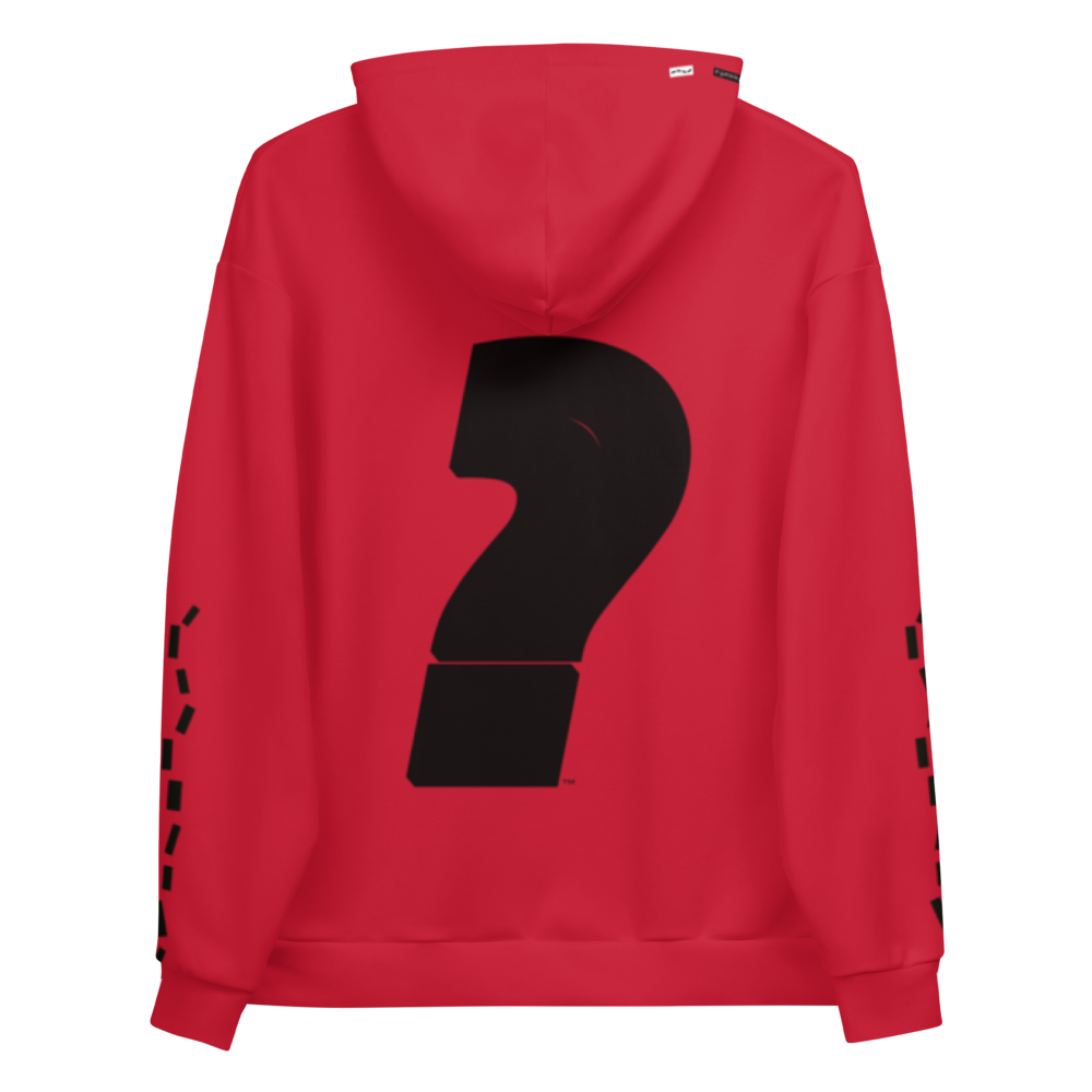 Question mark on the back of a red  jumper. Dashes on sleeves