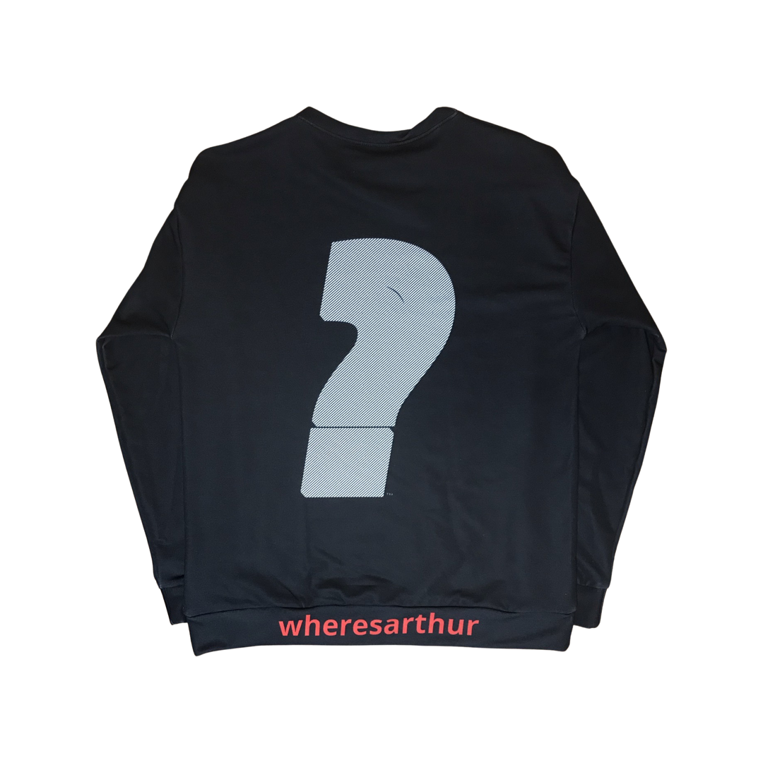 Question mark and wheresathur logo on  sweatshirt