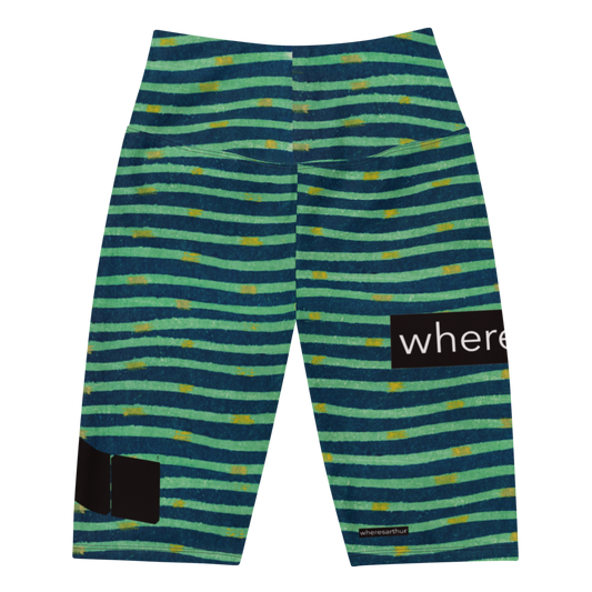 Blue and aqua green wavy stripe bike shorts