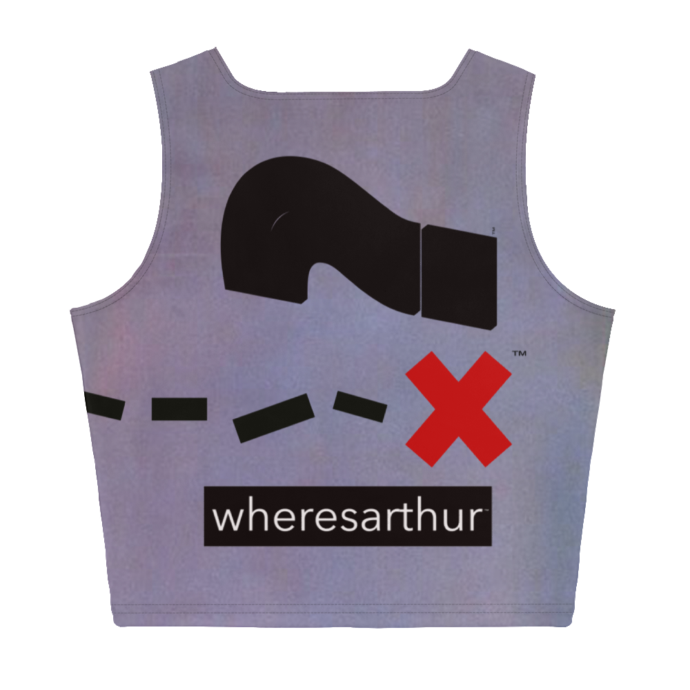 Women's purple crop top showcasing a " wheresarthur " question mark and "X marks the spot" logo on the back of it.