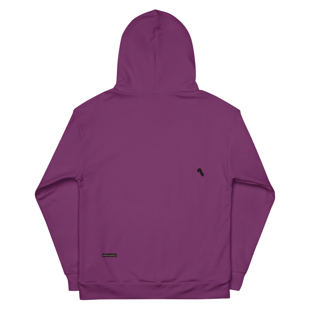 Purple Where's Arthur hoodie sweatshirt with a question mark and wheresarthur logo on back. Arthur Wright created