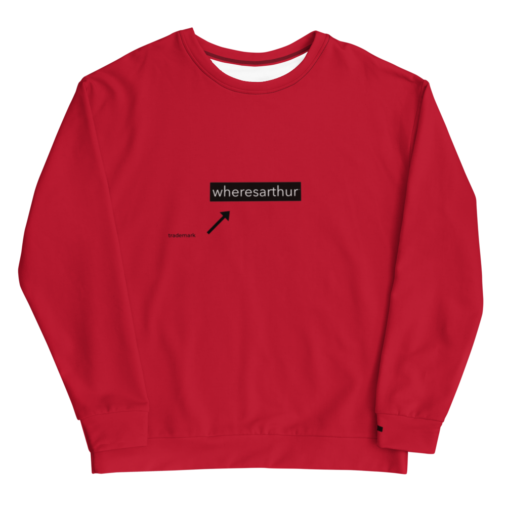 Hypebeast red sweatshirt  by wheresathur with  trademark printed and a arrow pointed at logo