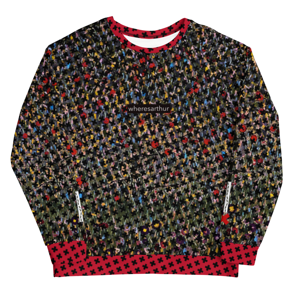 Hypebeast-style multicolored sweatshirt An X marks the spot logo on the sleeves, and a question mark logo appears on the back.