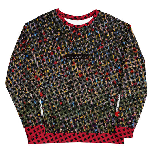 Hypebeast-style multicolored sweatshirt An X marks the spot logo on the sleeves, and a question mark logo appears on the back.