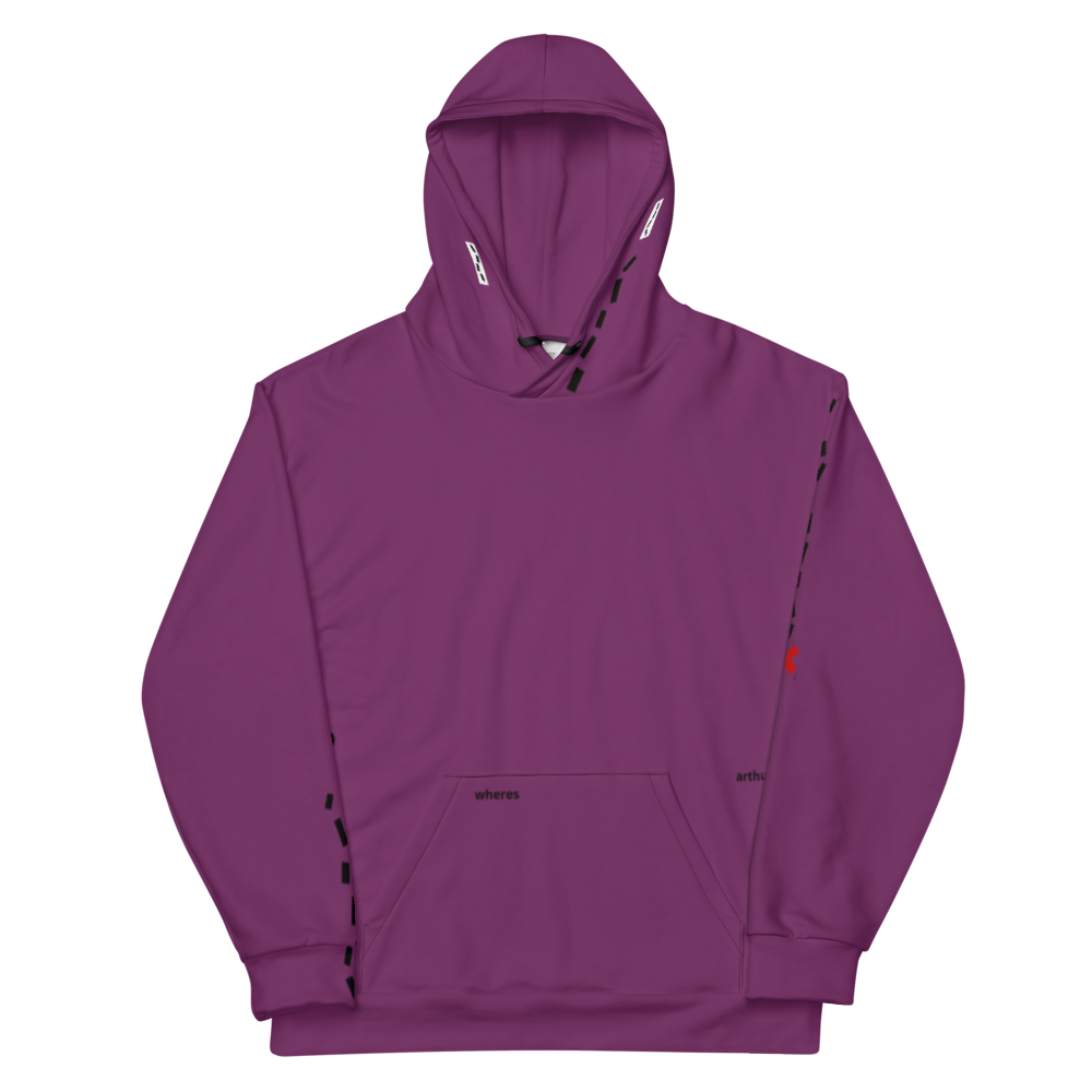 Purple Where's Arthur hoodie sweatshirt with an "X" mark the spot logo on the sleeves. Arthur Wright created