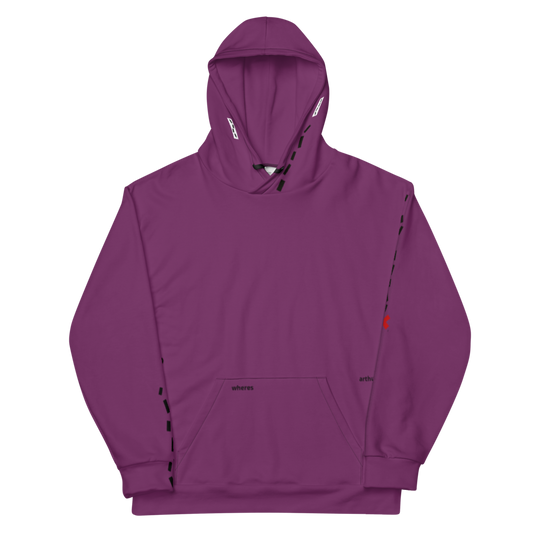 Purple Where's Arthur hoodie sweatshirt with an "X" mark the spot logo on the sleeves. Arthur Wright created