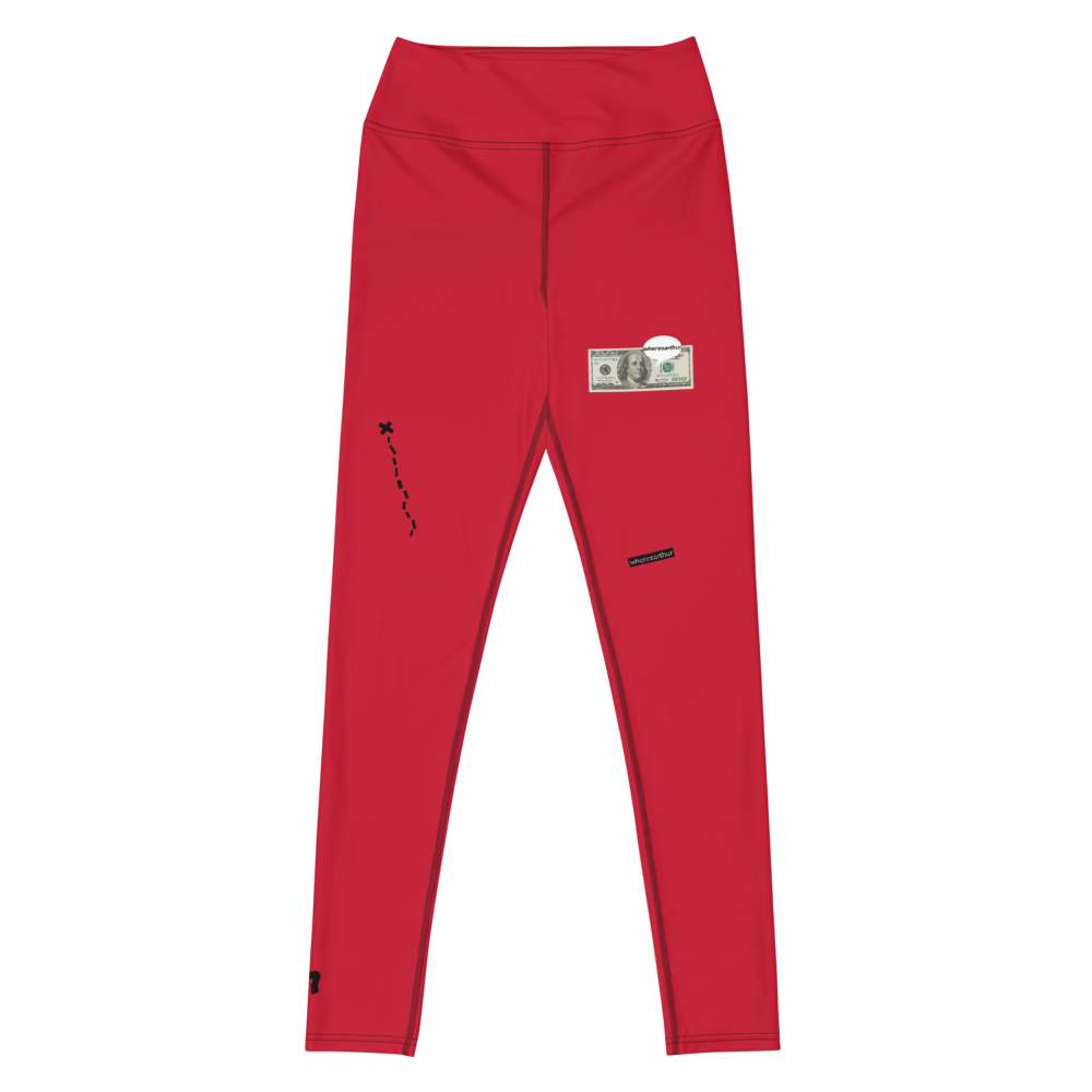 Women's red leggings with a $100 bill drawn on the left leg, asking for "wheresarthur".