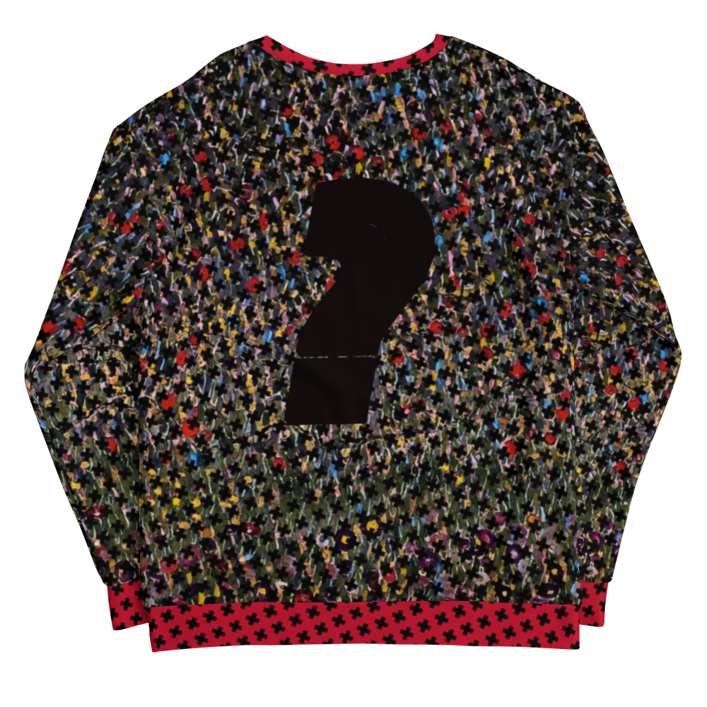 Question mark logo on the back of a wheresarthur sweatshirt